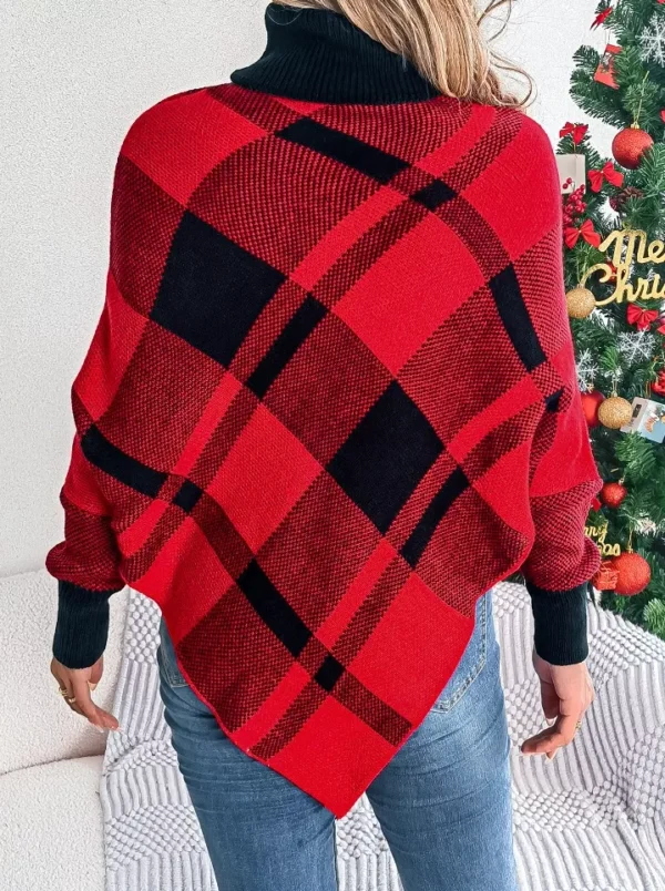 Christmas Plaid High Collar Lantern Sleeve Women's Sweater - Image 7