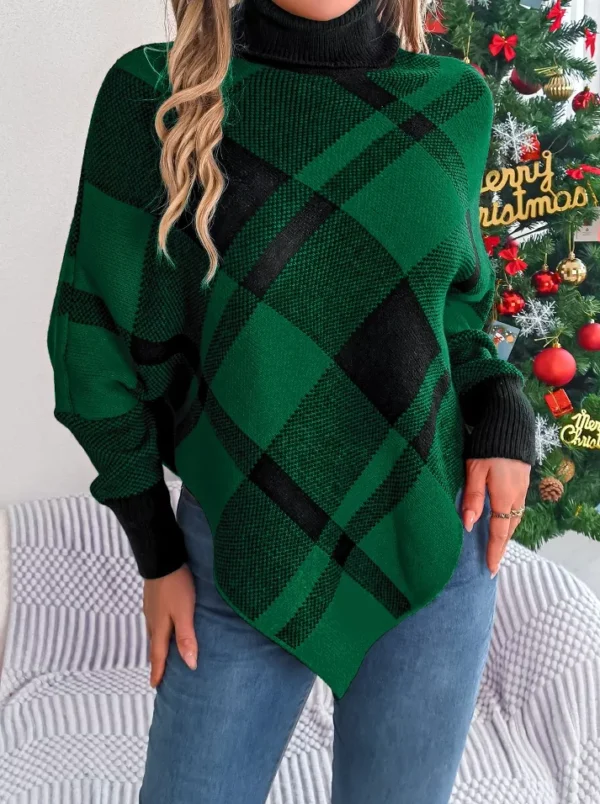 Christmas Plaid High Collar Lantern Sleeve Women's Sweater - Image 2