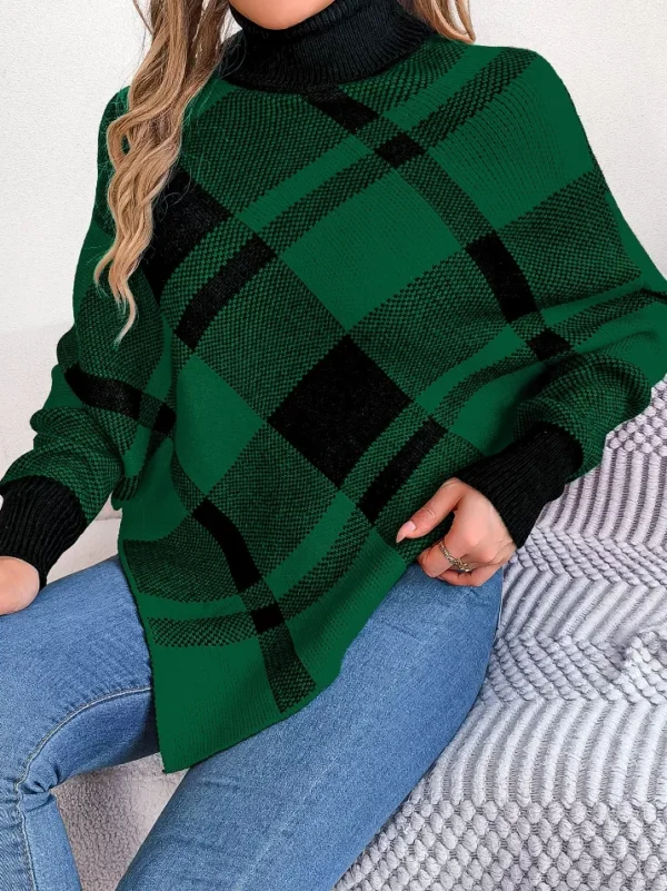 Christmas Plaid High Collar Lantern Sleeve Women's Sweater - Image 3