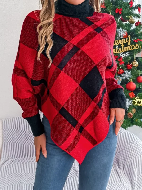 Christmas Plaid High Collar Lantern Sleeve Women's Sweater - Image 6