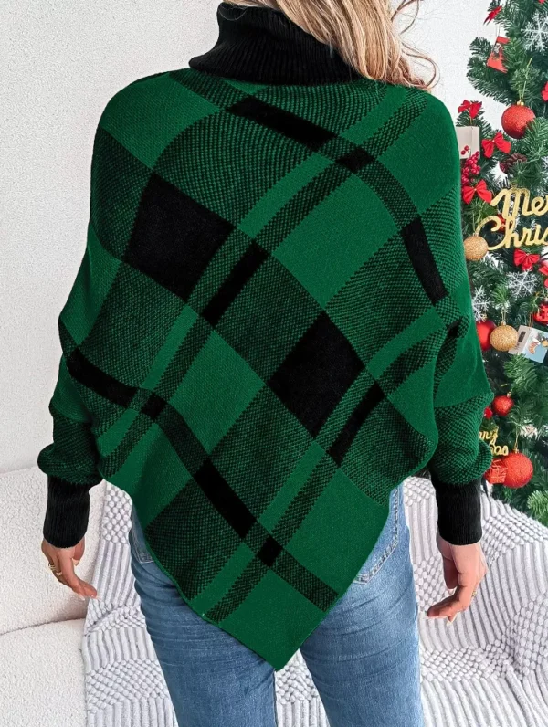 Christmas Plaid High Collar Lantern Sleeve Women's Sweater - Image 4