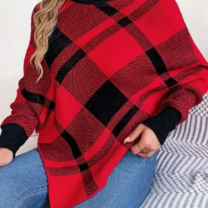 Christmas Plaid High Collar Lantern Sleeve Women's Sweater