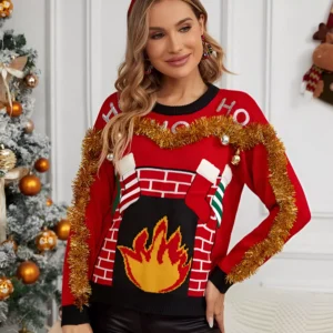 Funny Christmas Sweater for Women Embroidered Red Letter Jumper with Bells