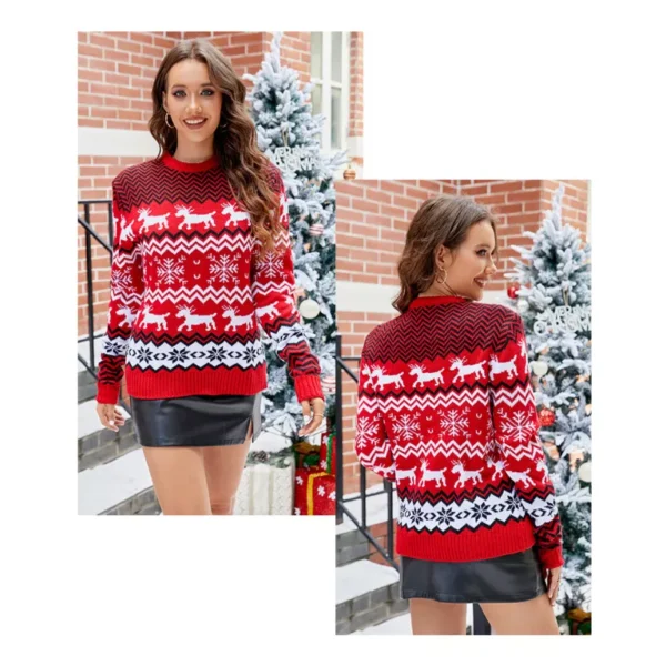 Round Neck Knit Snowflake and Elk Sweater - Image 6