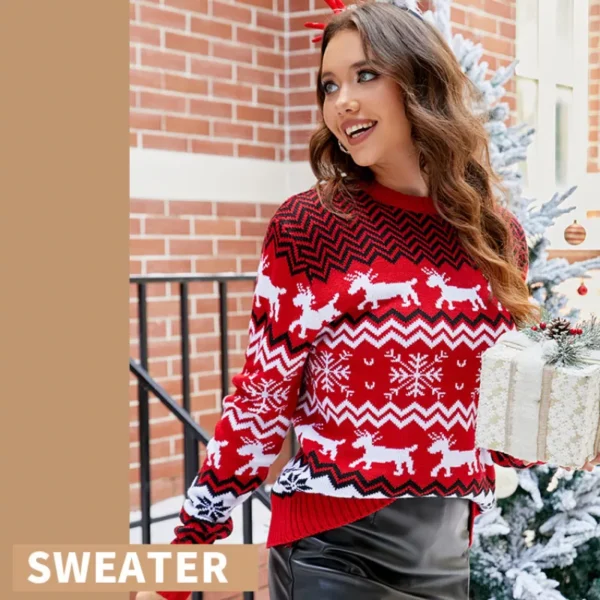 Round Neck Knit Snowflake and Elk Sweater - Image 2