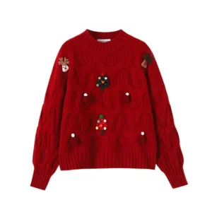 Women's Vintage Christmas Knit Sweater, Red O-Neck Pullover, Loose Fit