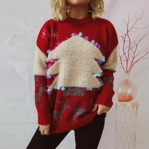 Handmade Christmas Tree & Deer Embroidered Holiday Sweater for Women - Thick Warm Oversized Pullover