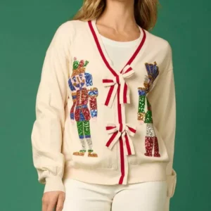 Women's Sequin Nutcracker Christmas Cardigan Sweater - Glitter V-Neck Bow Knitwear