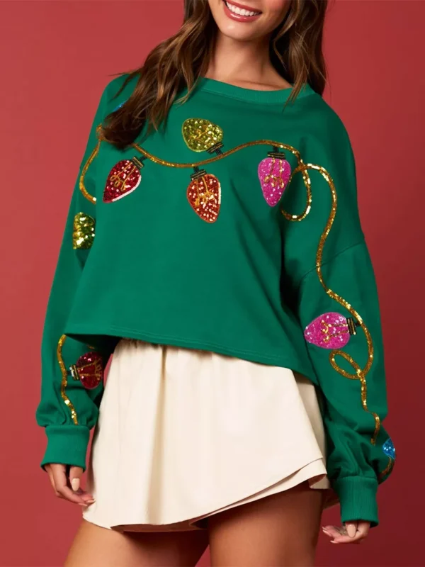Women’s Y2K Cropped Sequin Christmas Light Pullover Sweatshirt - Image 3
