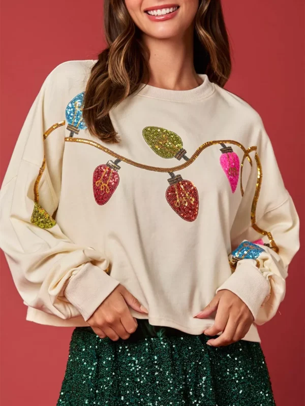 Women’s Y2K Cropped Sequin Christmas Light Pullover Sweatshirt - Image 7