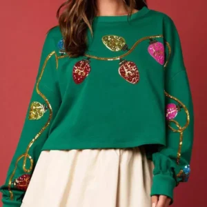 Women’s Y2K Cropped Sequin Christmas Light Pullover Sweatshirt