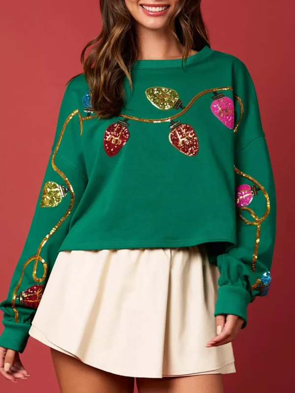 Women’s Y2K Cropped Sequin Christmas Light Pullover Sweatshirt - Image 2