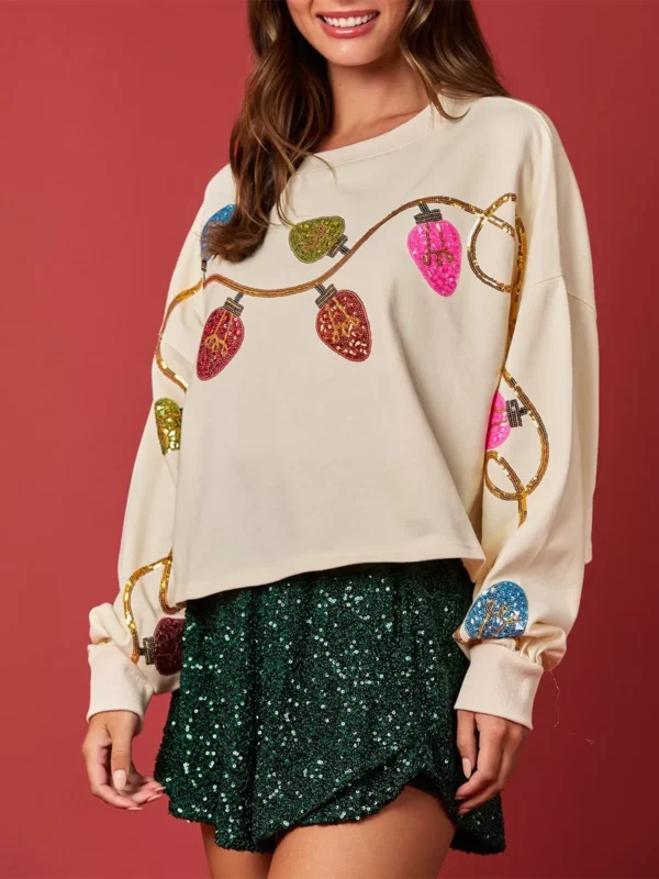 Women’s Y2K Cropped Sequin Christmas Light Pullover Sweatshirt - Image 5