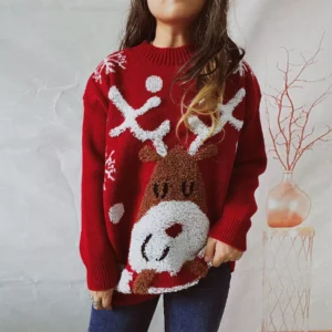 Cozy Women's Christmas Sweater with Elk and Tree Print - O-Neck Pullover Jumper