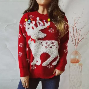 Red Christmas Sweater for Women with Elk Flocking & Pearl Ball Details