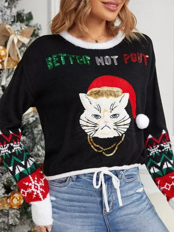 Women’s Cute Cat Embroidery Ugly Christmas Sweater - Image 4