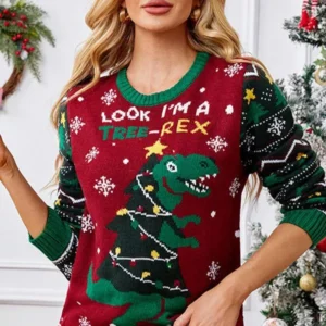 Women's Ugly Christmas Sweater with Dinosaur Design