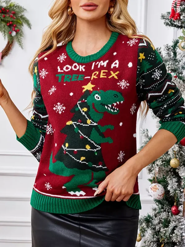 Women's Ugly Christmas Sweater with Dinosaur Design - Image 7