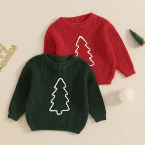Christmas Toddler Sweater with Tree Embroidery – Festive Long Sleeve Pullover