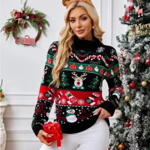 Funny Women's Christmas Sweater with Snowman Design and Turtleneck