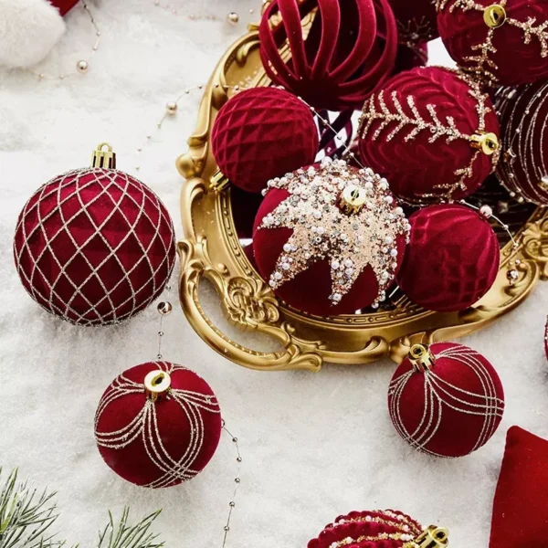 4Pcs Christmas Red Flocking Painted Balls - Image 4
