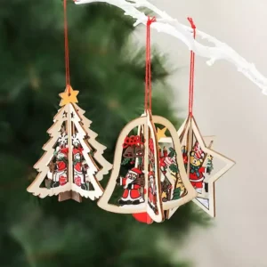 Wooden 3D Star & Bell Christmas Pendants for Tree Decoration