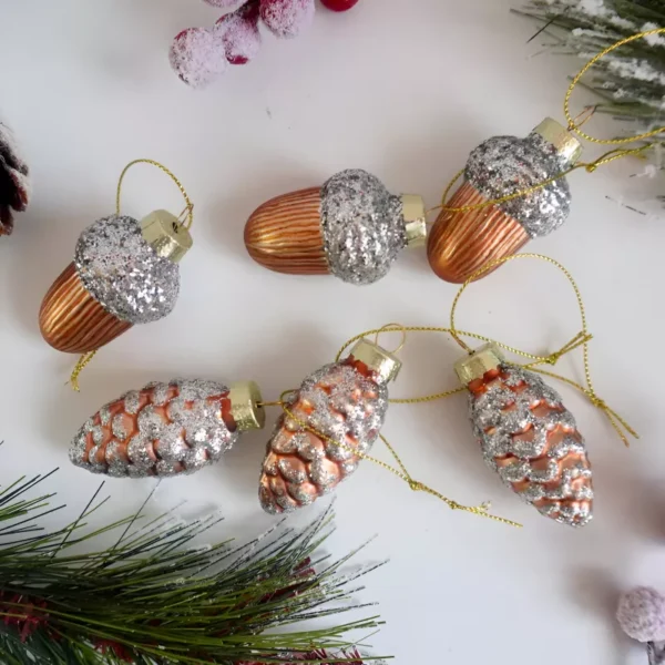Set of Glass Pinecone & Acorn Christmas Ornaments