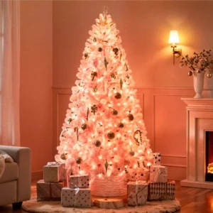 6-7ft Artificial Pink Christmas Tree with Warm Lights & Metal Stand