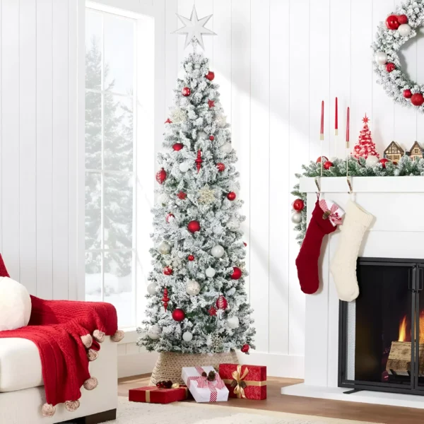 7.5Ft Snow-Flocked Pre-Lit Slim Christmas Tree - Image 5