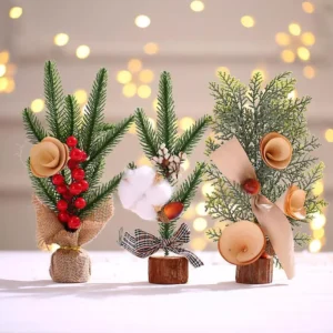 Mini Christmas Tree with Pine Needles, Red Berries, and Cotton Acorn Decoration