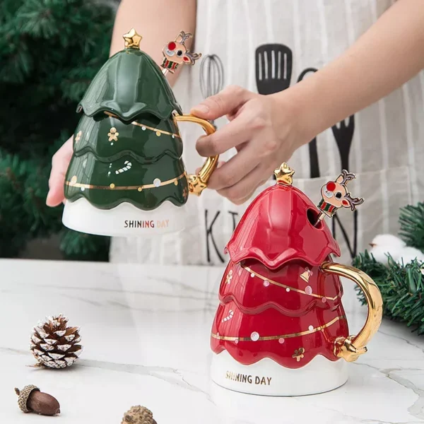 420ml Christmas Tree Ceramic Mug with Lid - Image 3