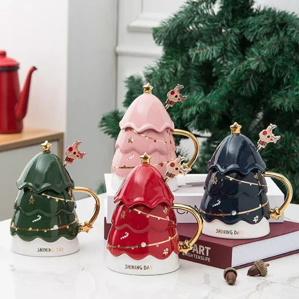 420ml Christmas Tree Ceramic Mug with Lid - Image 2