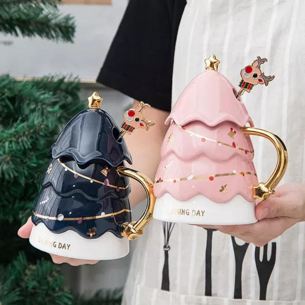 420ml Christmas Tree Ceramic Mug with Lid - Image 4