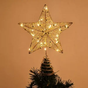 Gold Iron Star Christmas Tree Topper with LED Light & Pearl Wire