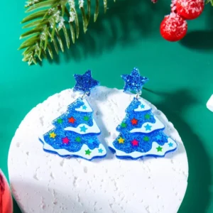 Trendy Blue Christmas Tree Stud Earrings with Acrylic Sequins for Women