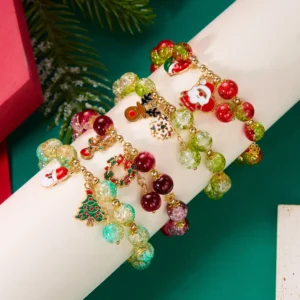 Christmas Crystal Beaded Bracelet with Xmas Tree, Santa, Snowflake & Elk Pendants