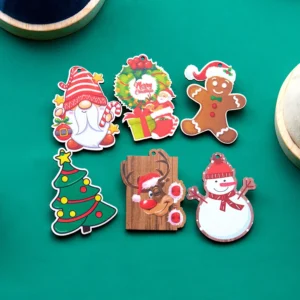 Cartoon Christmas Brooch Santa Tree Snowman Wooden Lapel Pin Jewelry