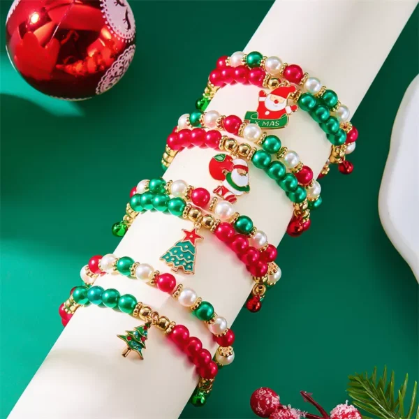 Christmas Beaded Bracelet Set with Santa, Snowman & Xmas Tree Charms - Image 2