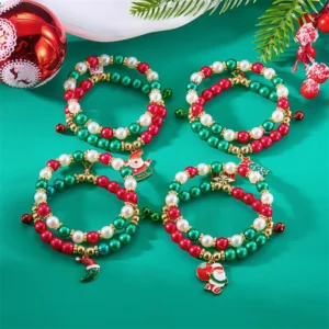 Christmas Beaded Bracelet Set with Santa, Snowman & Xmas Tree Charms