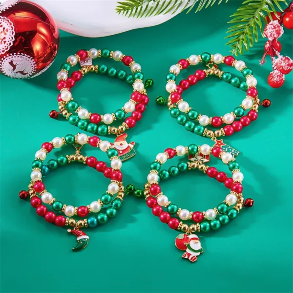 Christmas Beaded Bracelet Set with Santa, Snowman & Xmas Tree Charms