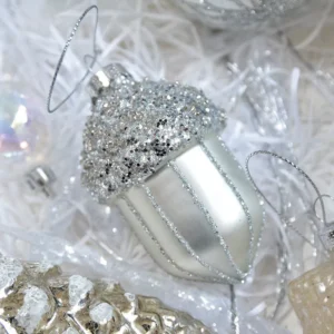 Set of 2 Silver Glass Acorn Christmas Tree Ornaments