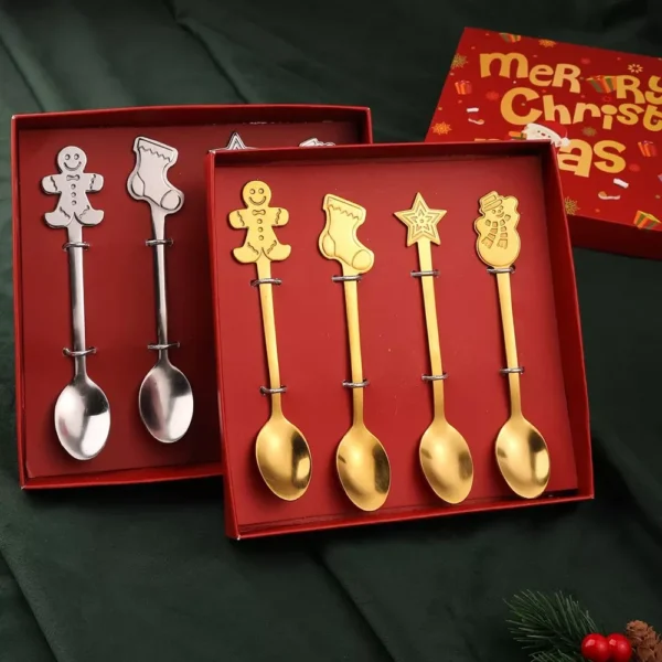 4-Piece Stainless Steel Christmas Tree & Elk Dessert Spoon Set - Image 4