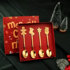 4-Piece Stainless Steel Christmas Tree & Elk Dessert Spoon Set