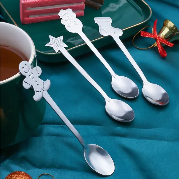 4-Piece Stainless Steel Christmas Tree & Elk Dessert Spoon Set - Image 6