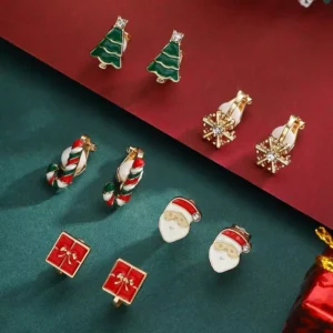 5 Pairs Christmas Clip-On Earrings for Women - Santa, Snowflake & Tree Designs