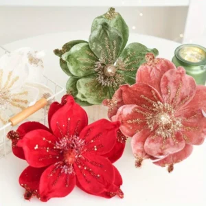 Glittering Christmas Flower Heads for Tree Decorations - Artificial Floral Ornaments