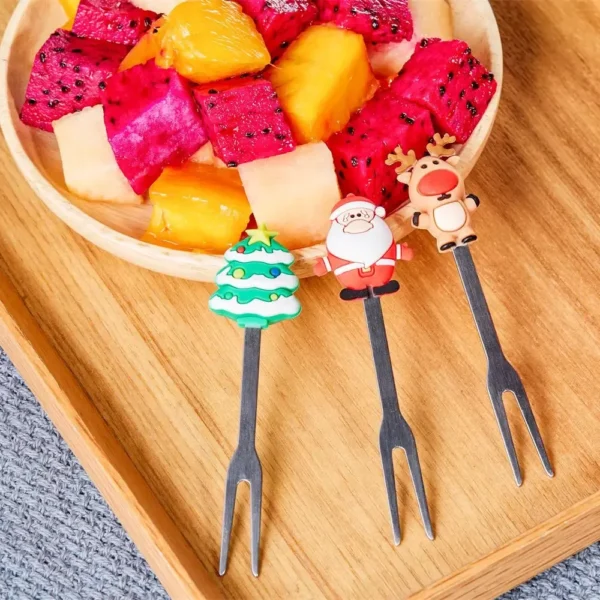 Christmas Tree Stainless Steel Fruit Fork Set with Holder - Image 3