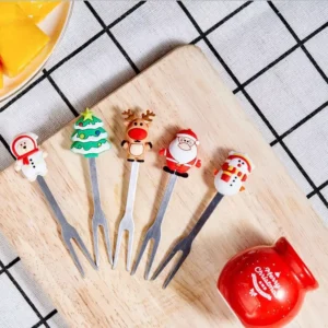 Christmas Tree Stainless Steel Fruit Fork Set with Holder
