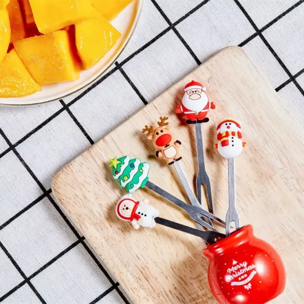 Christmas Tree Stainless Steel Fruit Fork Set with Holder - Image 4