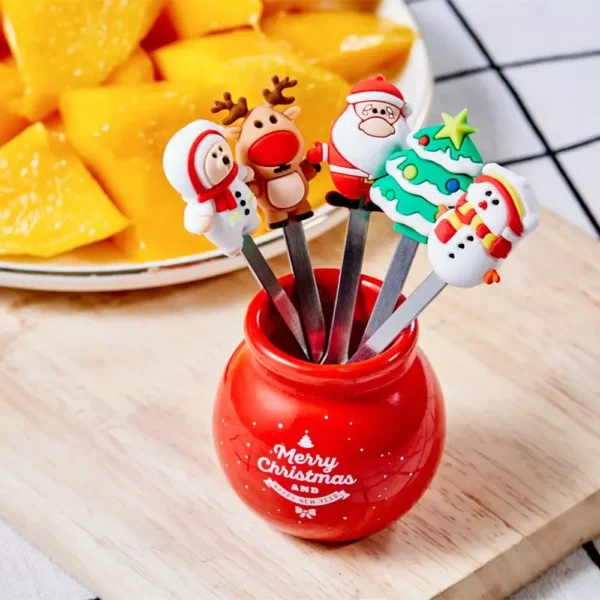 Christmas Tree Stainless Steel Fruit Fork Set with Holder - Image 7